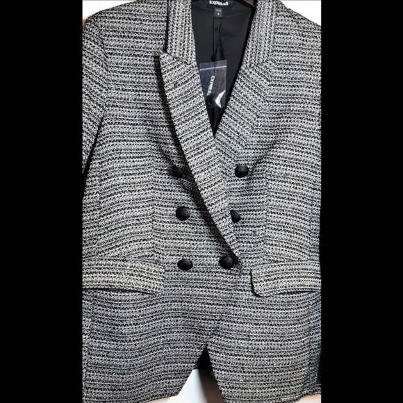 EXPRESS BLAZER L BLACK WHITE TEXTURED METALLIC DOUBLE BREASTED NOVELTY BUTTON - Picture 2 of 14